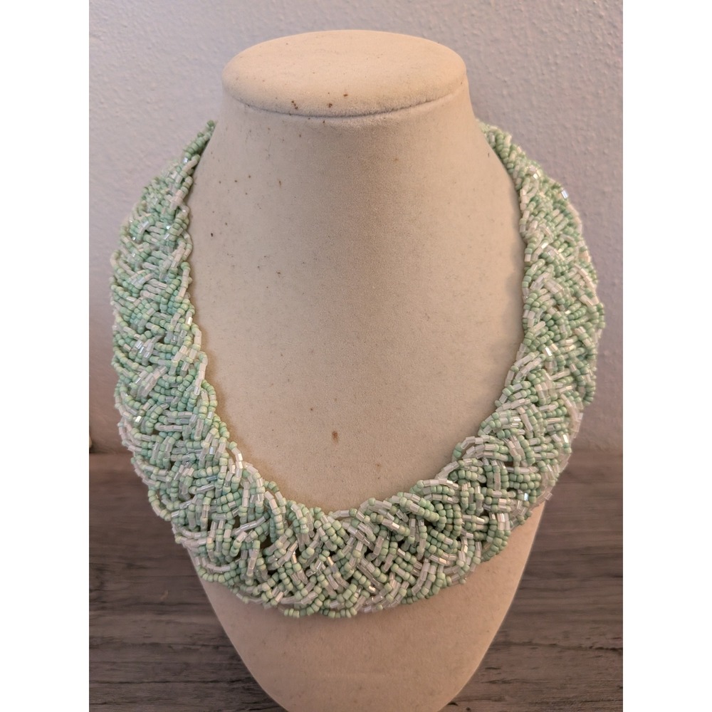 Mint Green White Braided Seed Bead Statement Bib‎ Necklace Chunky Boho Collar